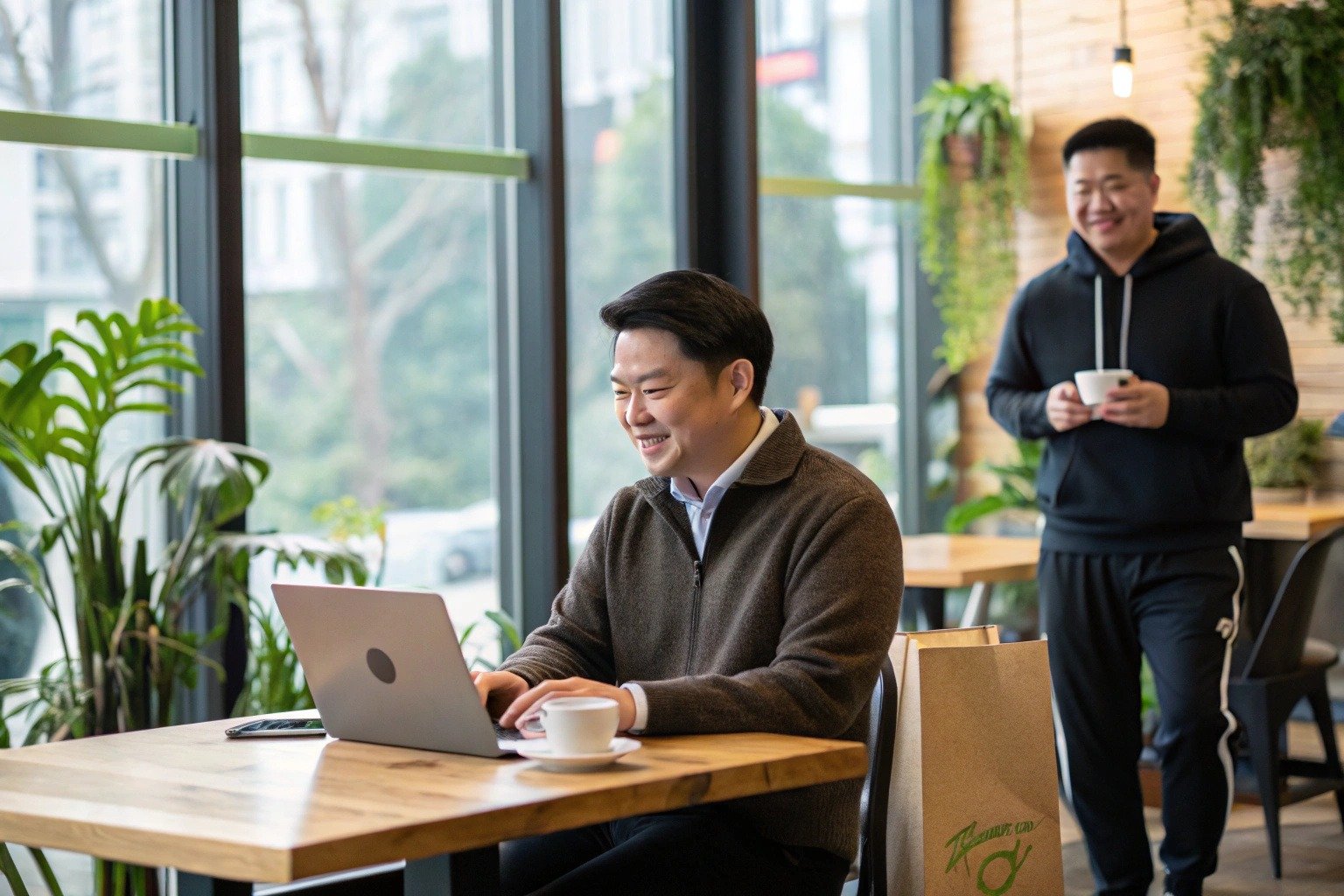 Asian man in a sweater working on a laptop beside another in a hoodie holding coffee, showing style contrast.