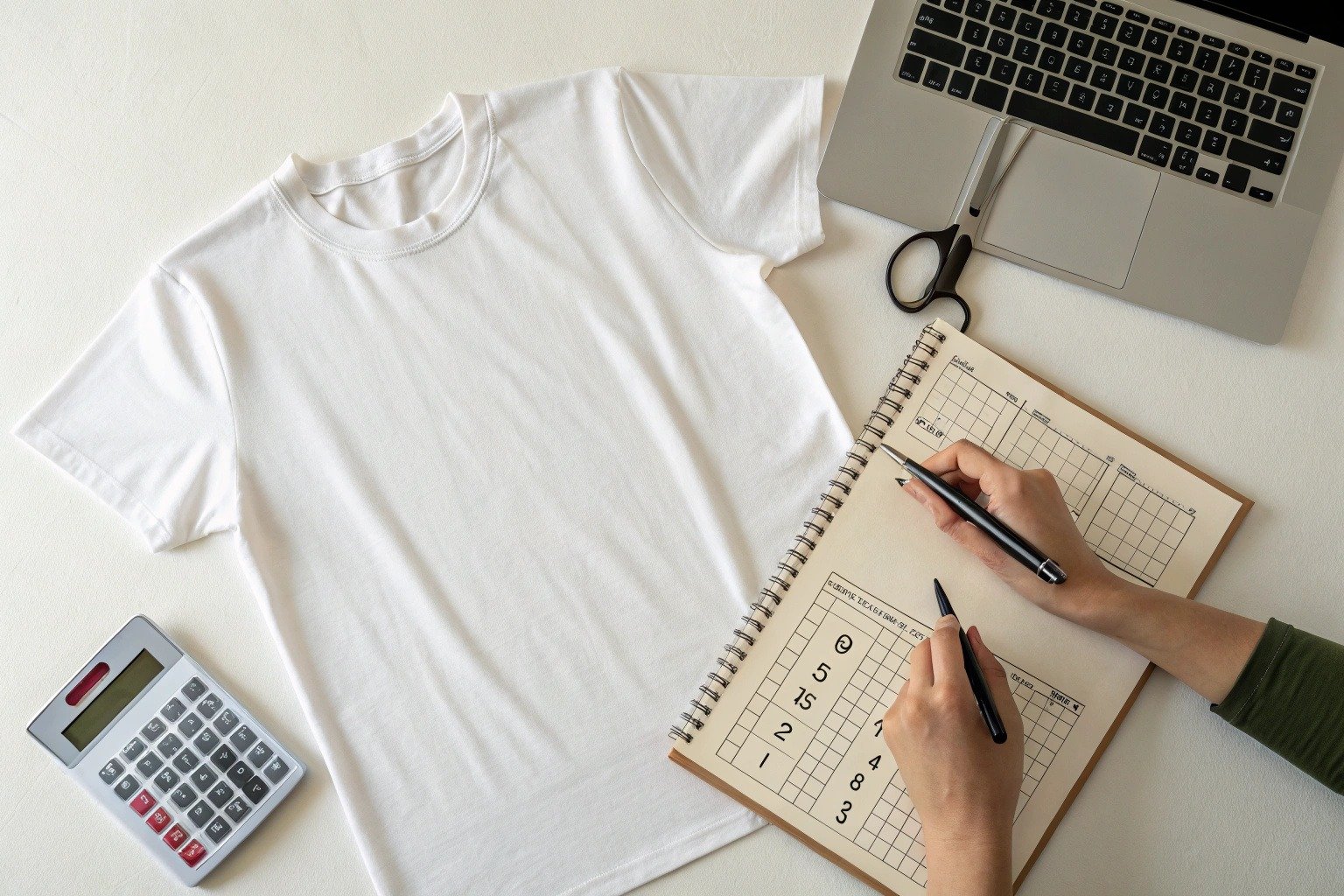 HTV t-shirt materials and calculator on a workspace table, with a person writing cost calculations in a notebook.