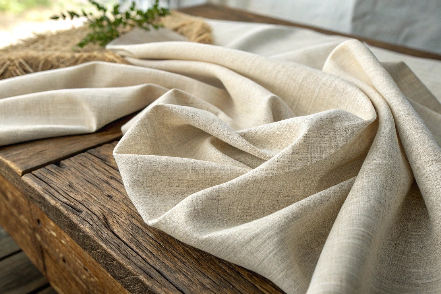 Natural linen fabric with airy texture and soft wrinkles, commonly used in summer garments like dresses and blouses.