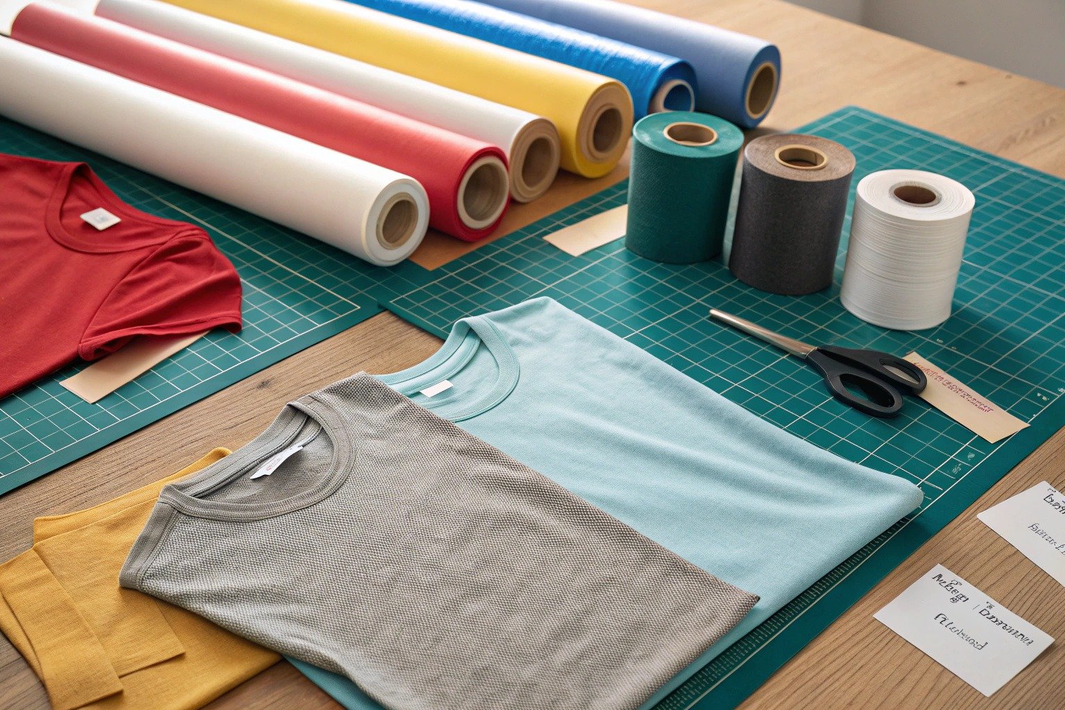 Different types of blank t-shirts and HTV rolls displayed with material costs for t-shirt production.