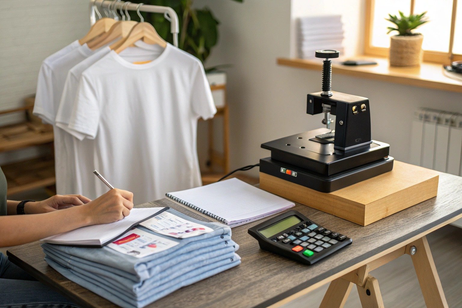 HTV t-shirts stacked beside a heat press and pricing notebook, showing the setup process for small t-shirt businesses.
