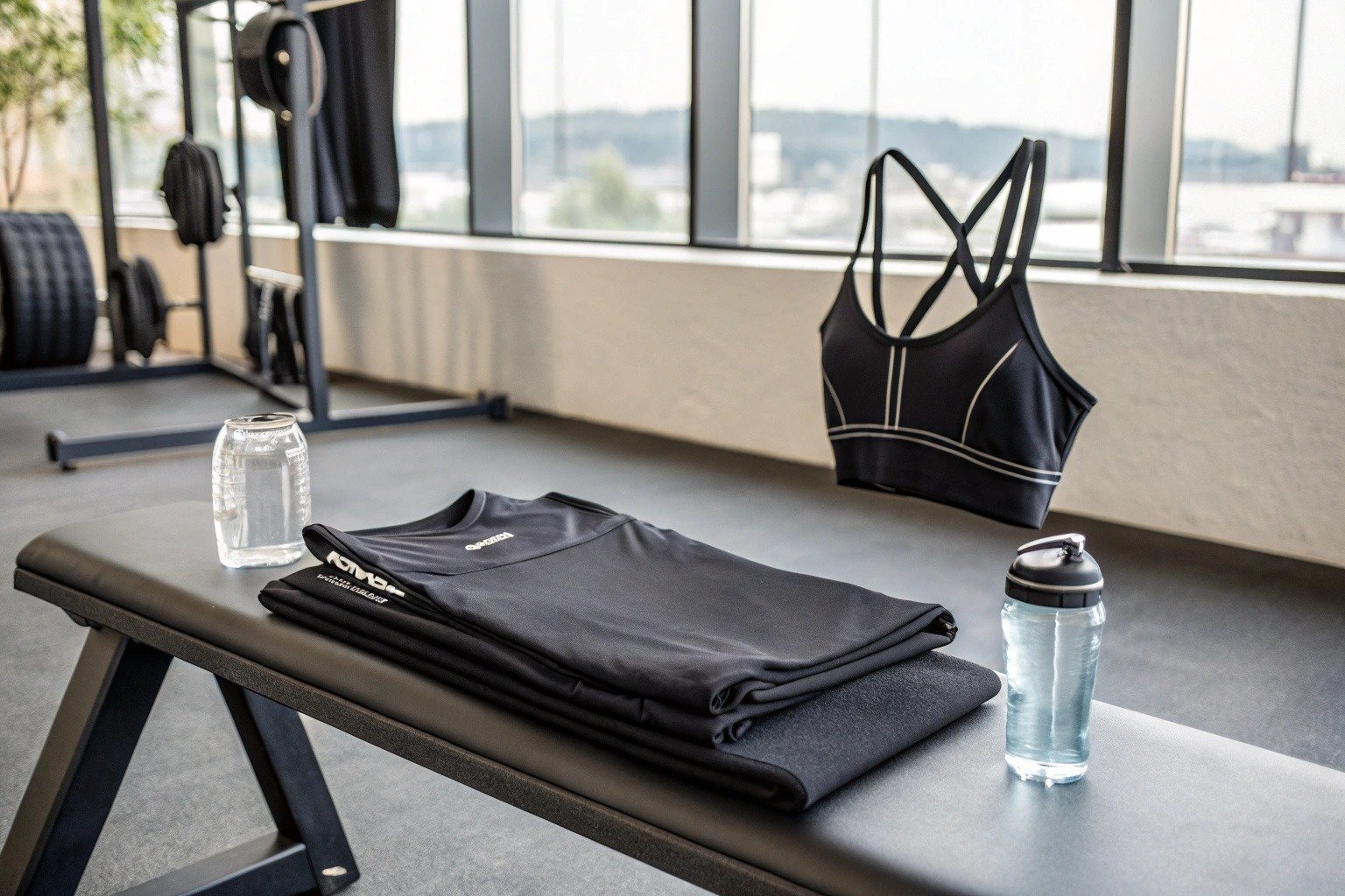 Black elastane leggings folded on a gym bench, showing the stretchable, form-fitting texture ideal for activewear and sportswear.