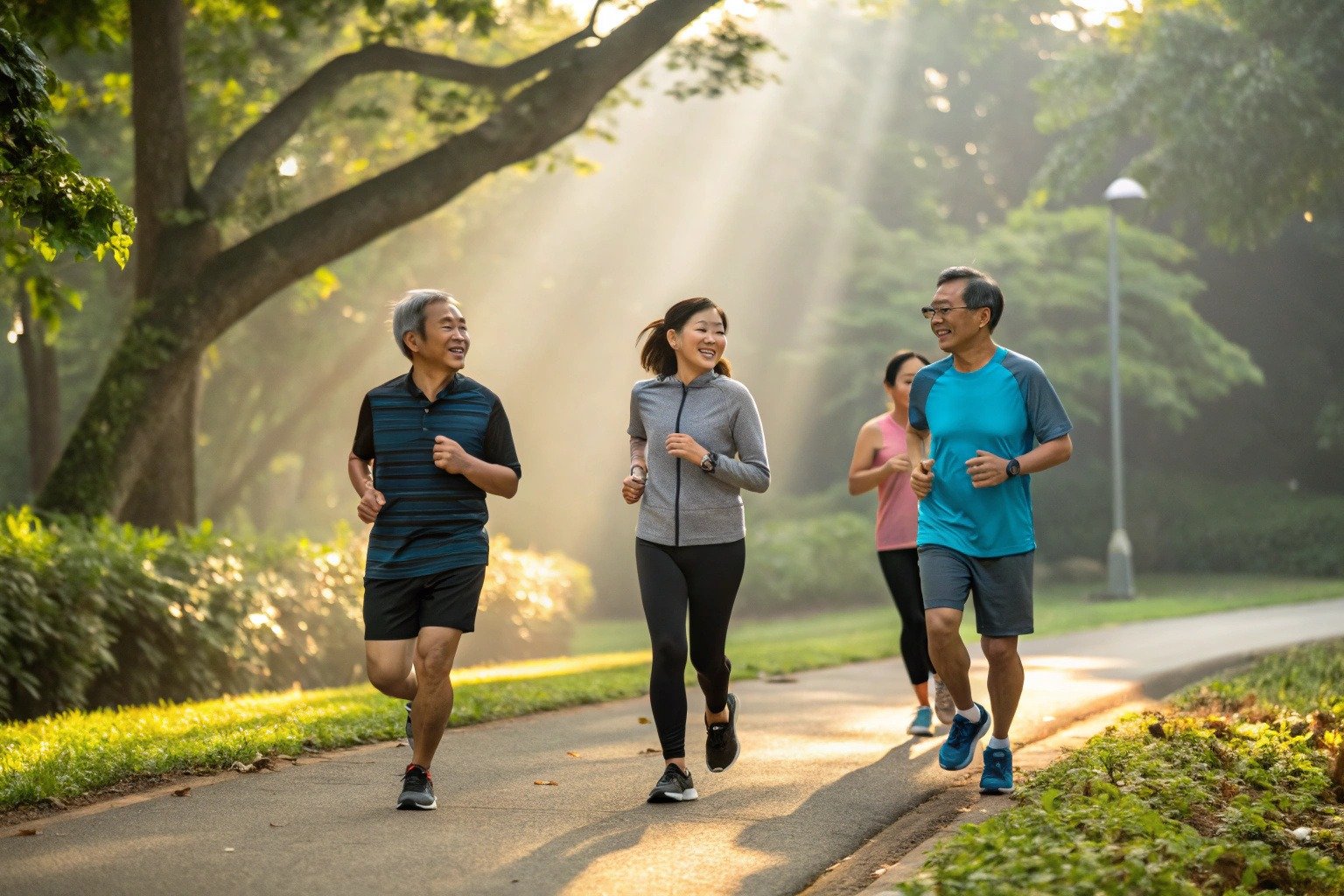 Asian adults jogging and cycling on a park path in the morning, showing steady aerobic activity to improve heart and lung health