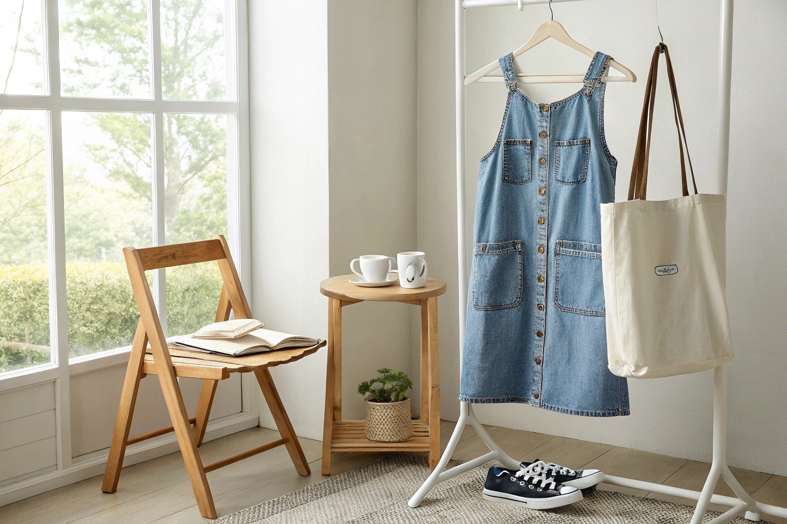  Denim jumper dress layered over a ribbed tank, styled with sneakers and tote bag for a casual everyday outfit