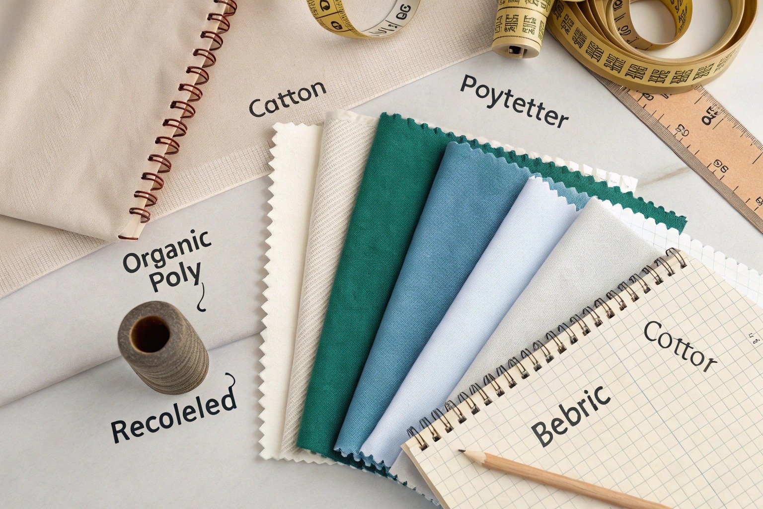 Fabric swatches of cotton, polyester, blends, organic cotton, and recycled fabric arranged on a designer’s table