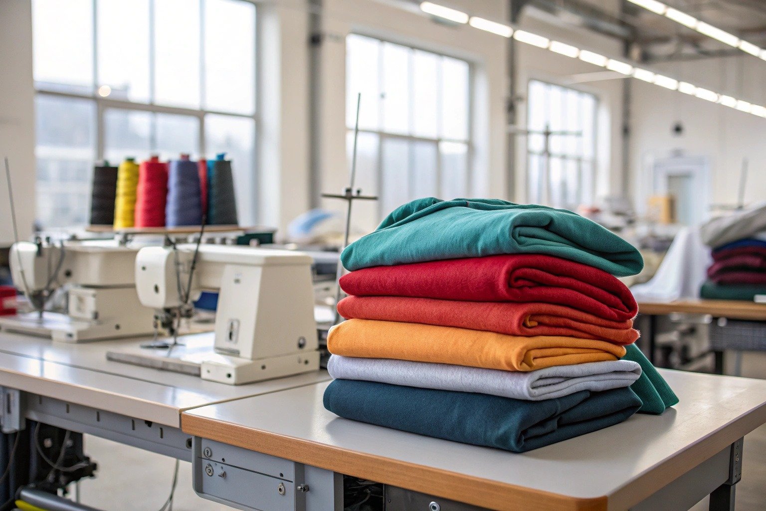 Hoodies stacked on a production table in a modern garment factory, showing manufacturing quality and material variety