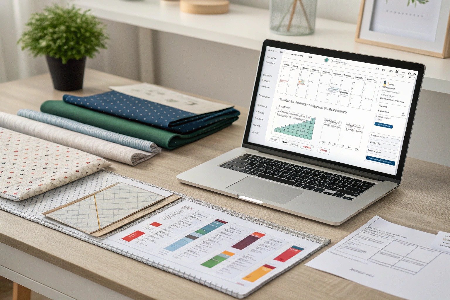 Production schedule and tech pack on a factory desk beside client emails, showing planning and clear manufacturer communication