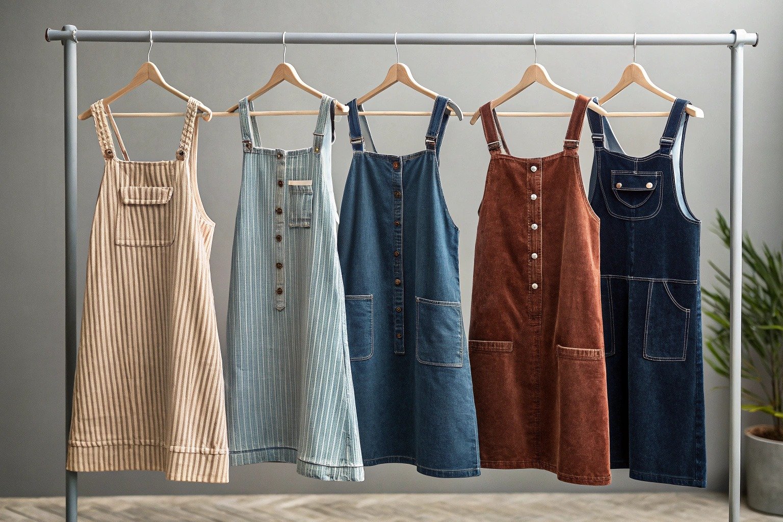 Jumper dresses made from cotton, denim, corduroy, wool, and velvet hanging side by side to show fabric differences and texture