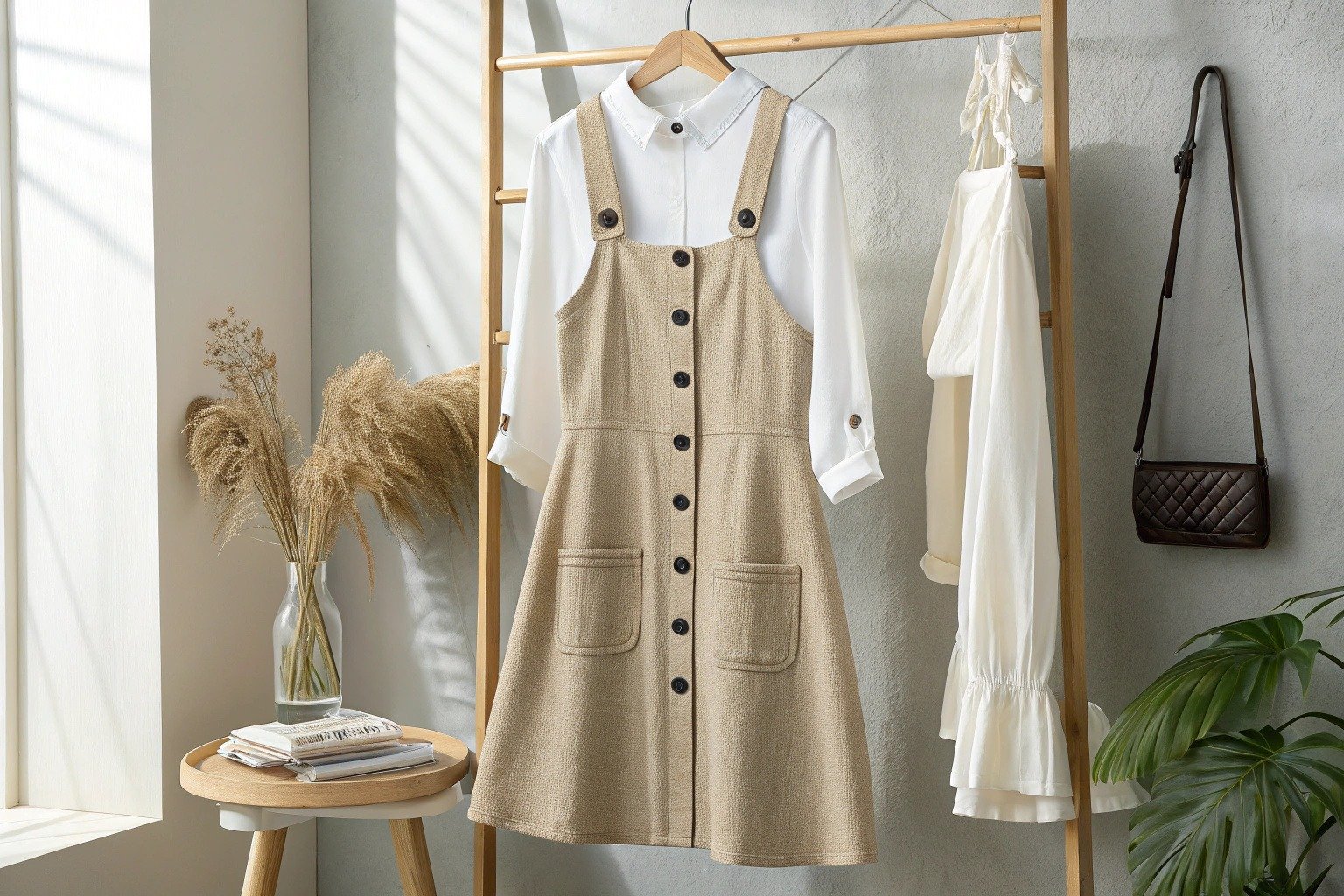 A-line jumper dress with front buttons layered over a blouse, hanging on a wall to show sleeveless structure and styling versatility