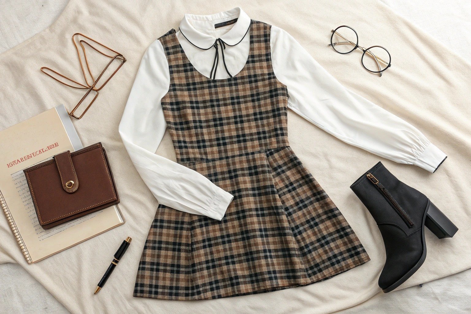 Tailored jumper dress in plaid layered over a white blouse, styled with tights and ankle boots for an office-appropriate look
