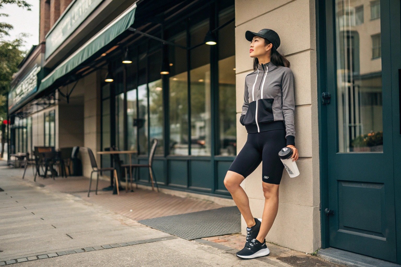 Asian woman in sweatshirt and bike shorts styled for athleisure, with zip-up hoodie and sneakers in a casual outdoor setting