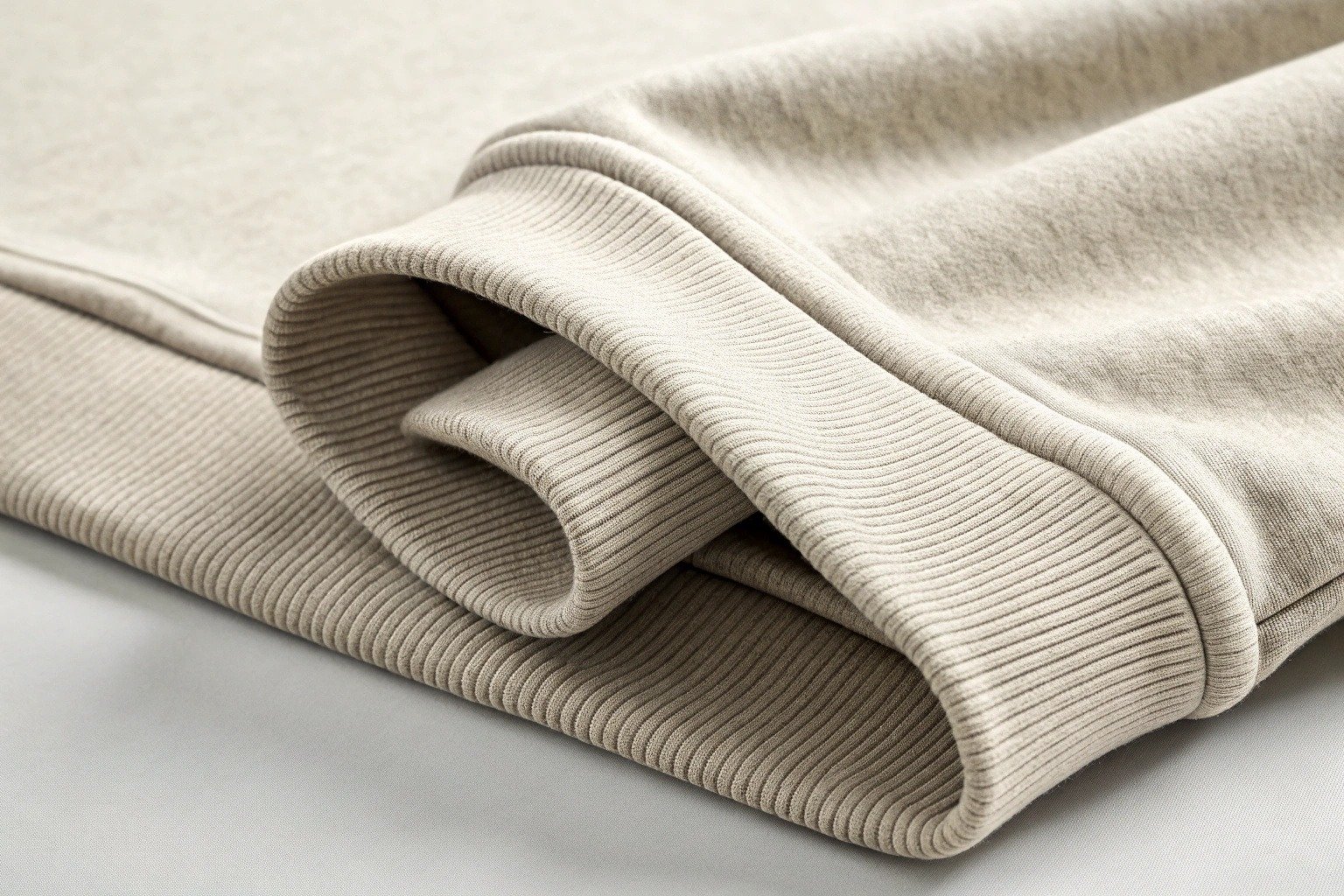 Close-up of sweatshirt made from cotton-polyester blend with ribbed cuffs and fleece lining, showing fabric texture and stretch detail