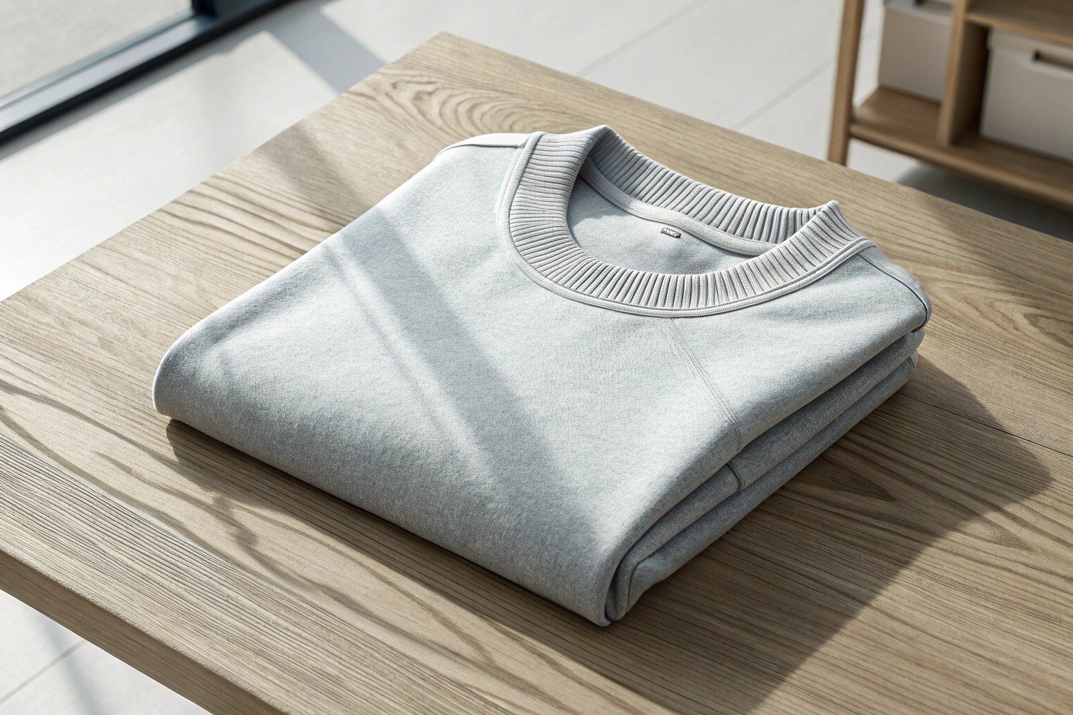 Fleece-lined crewneck sweatshirt folded on a wooden surface, showing ribbed cuffs and soft fabric texture