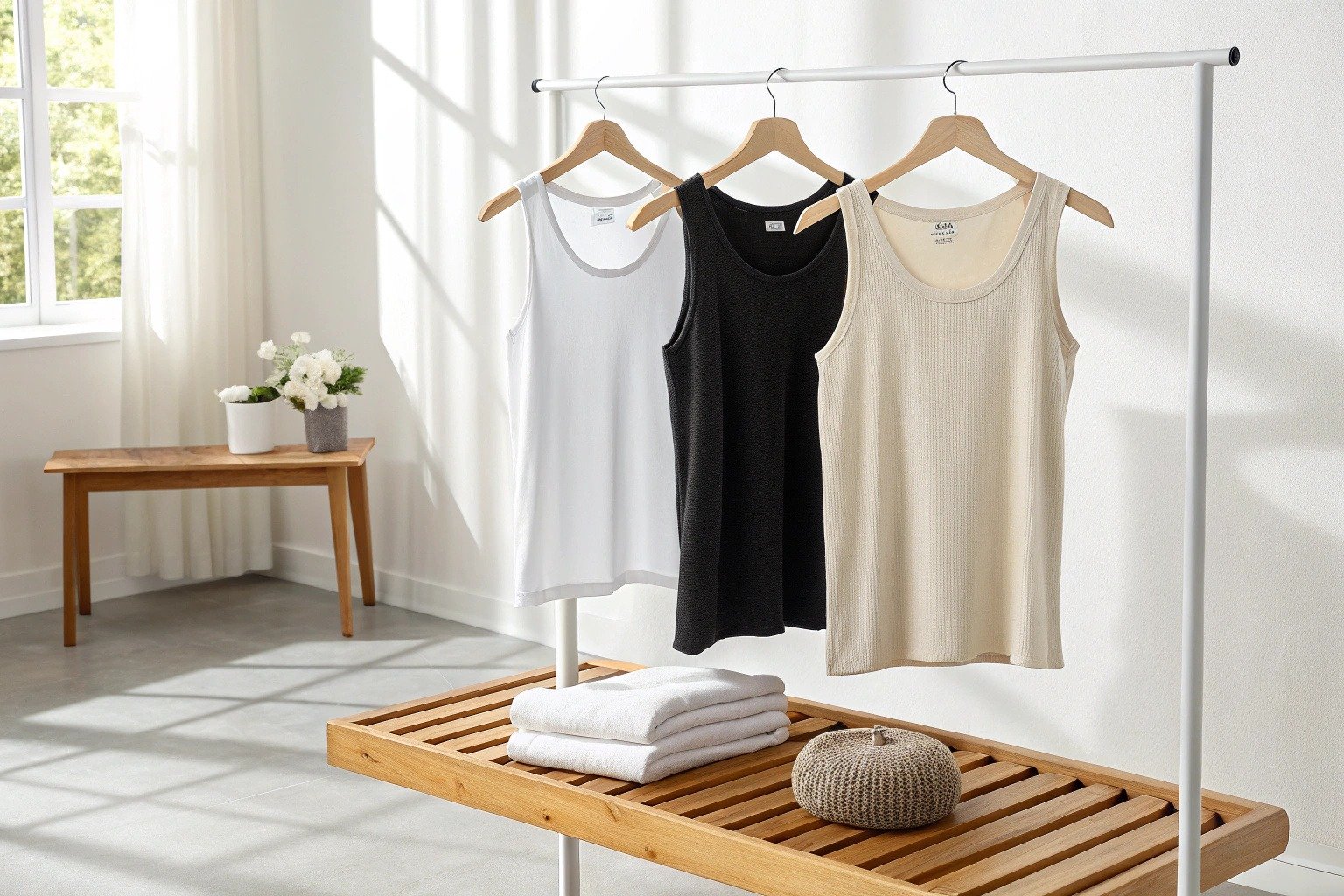 Assorted cotton, polyester, and spandex-blend tank tops hanging on a rack in a minimalist setting