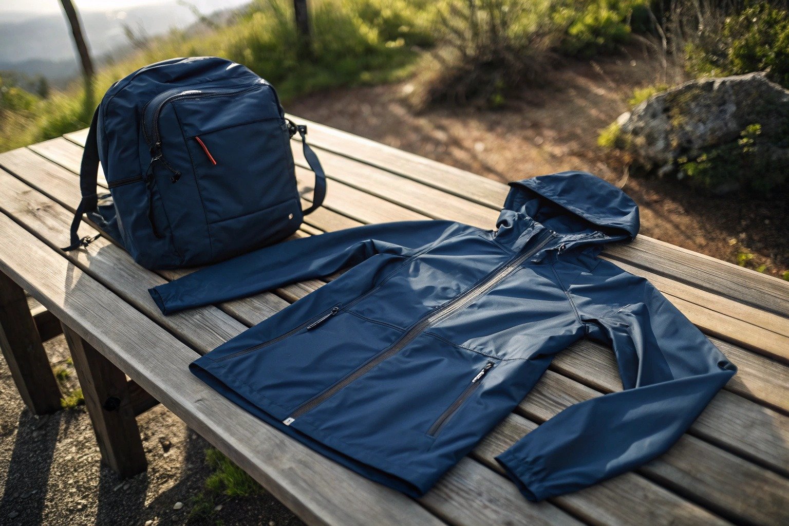 Navy nylon windbreaker and backpack placed on a wooden bench, showing the smooth, lightweight, and tear-resistant fabric in natural sunlight.