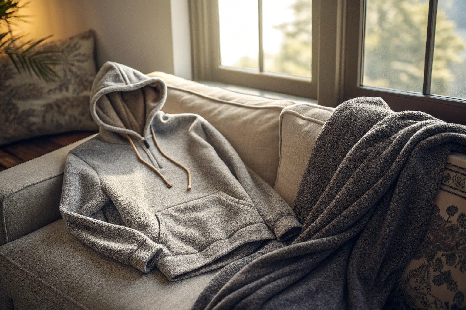 Heather gray fleece hoodie and blanket placed on a couch in natural light, showing the soft texture and cozy warmth of the fabric.