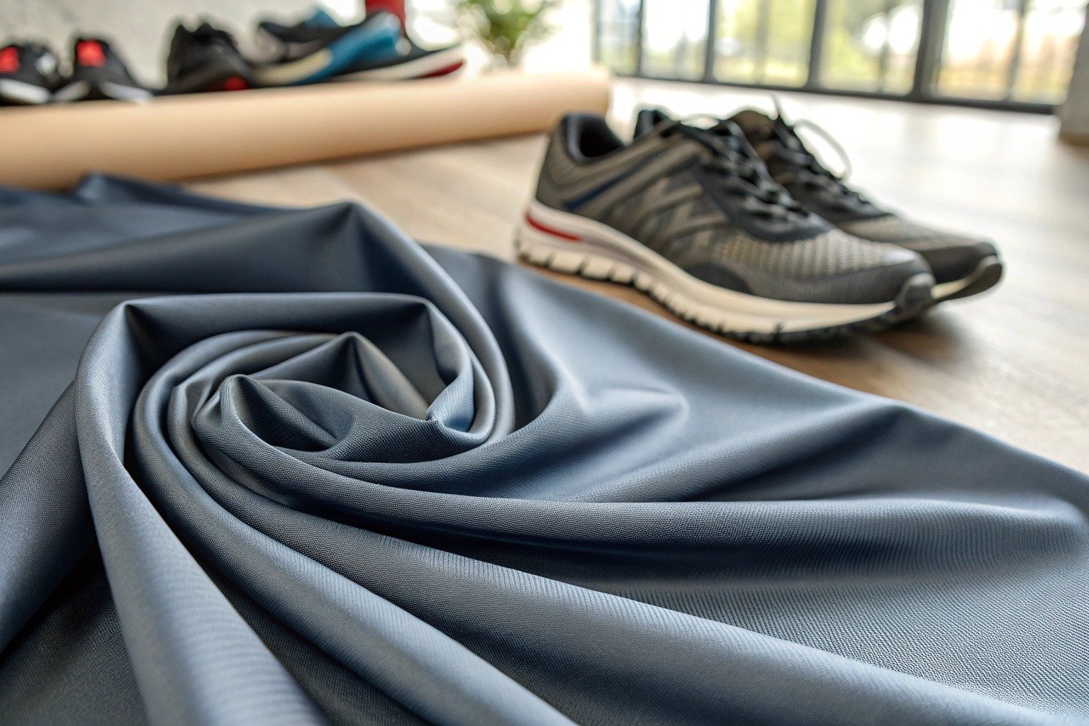 Smooth polyester fabric folded neatly with a slight sheen, shown alongside athletic clothing to highlight its use in activewear.